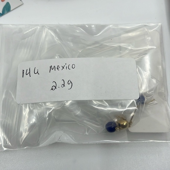 14K Gold Mexico Stamped Threader Earrings with Lapis Lazuli and Pearl Beads - Picture 8 of 11